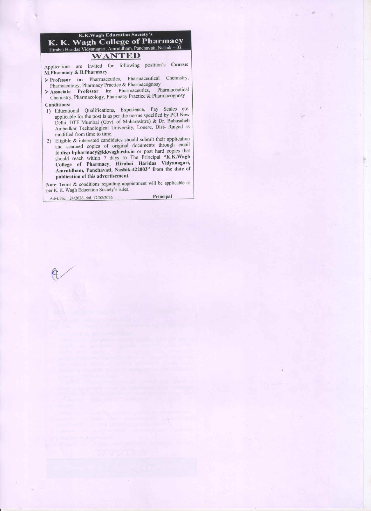 job opening in k. k. wagh education society.