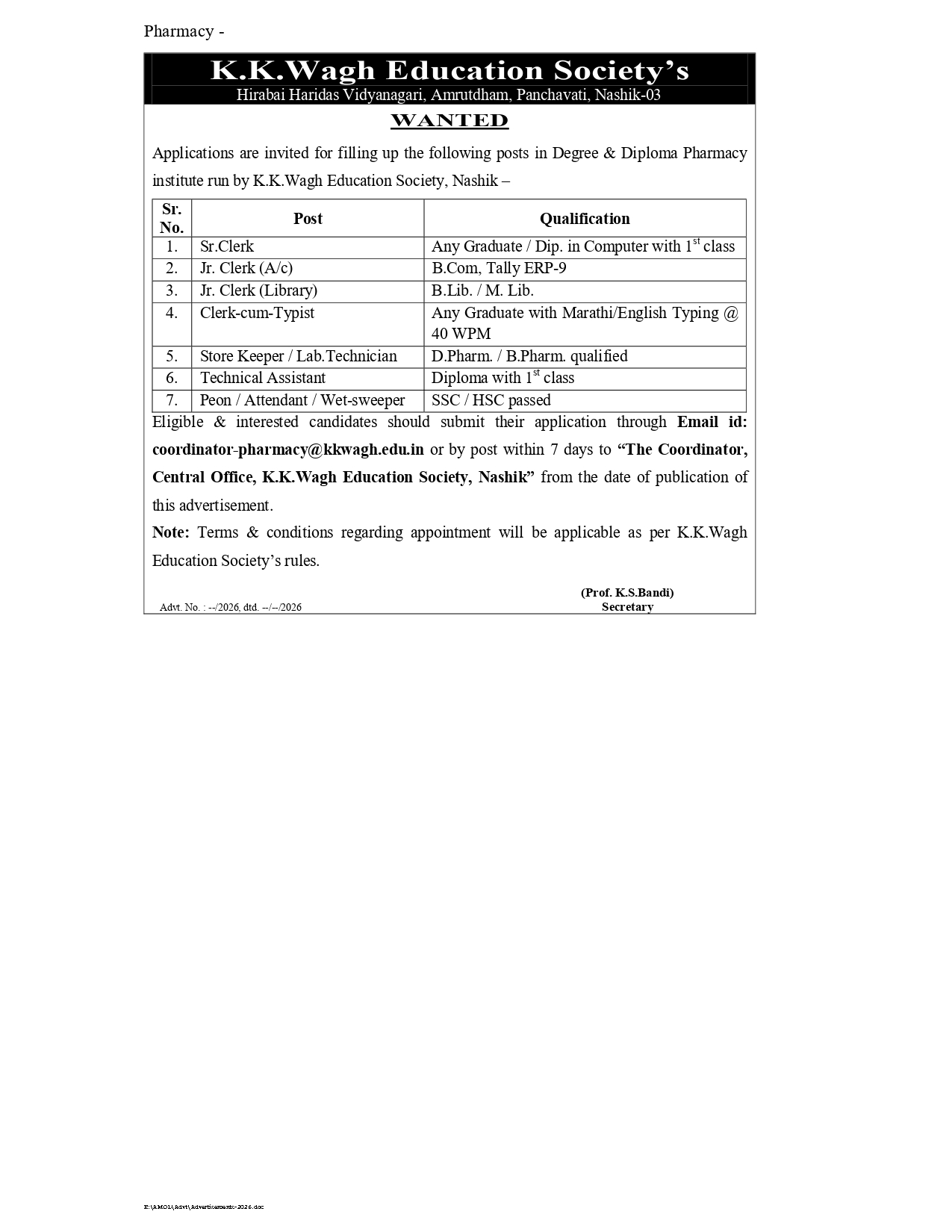 job opening in k. k. wagh education society.
